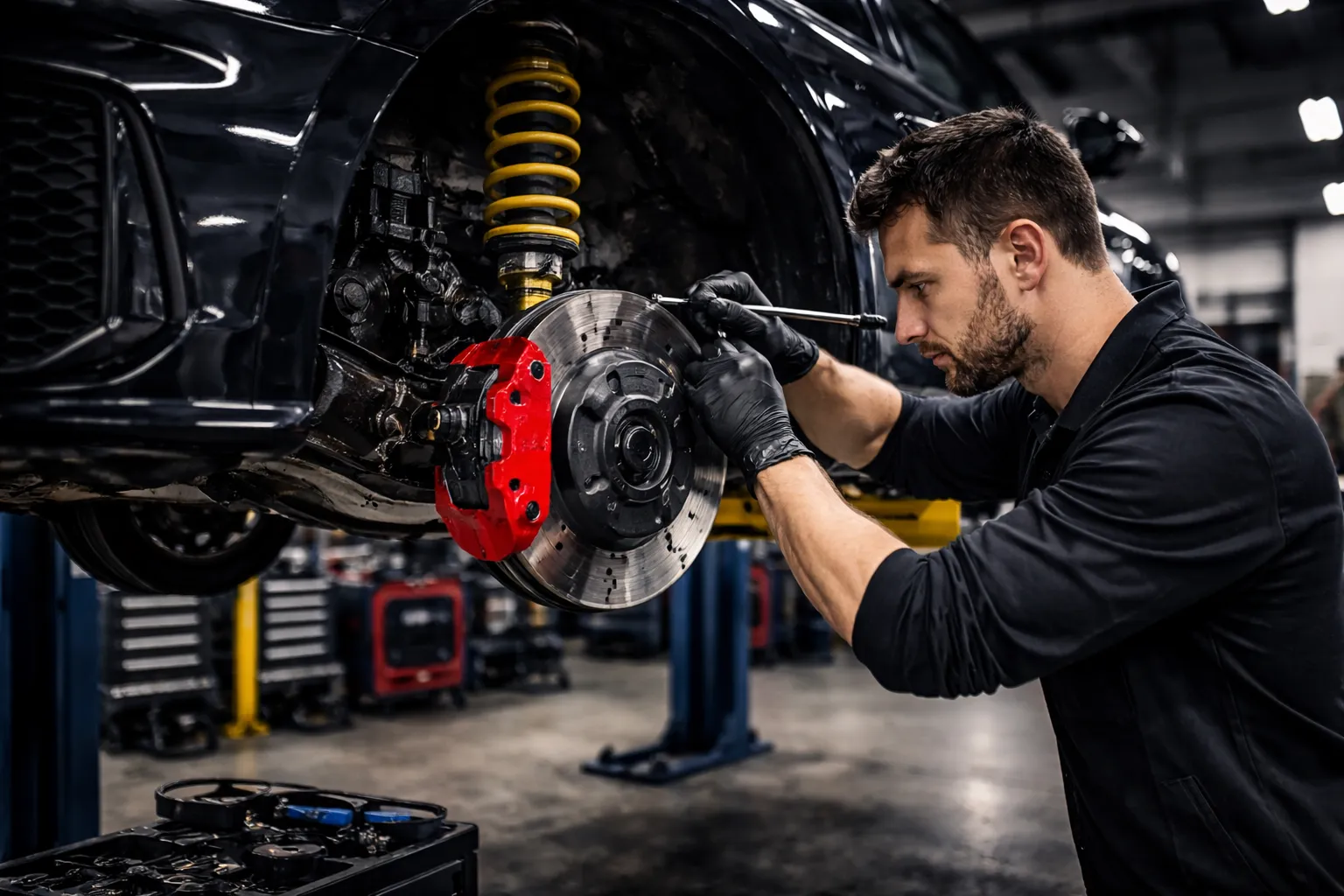 Mechaniker bei Bremsenservice — Bremsscheibe und Bremssattel