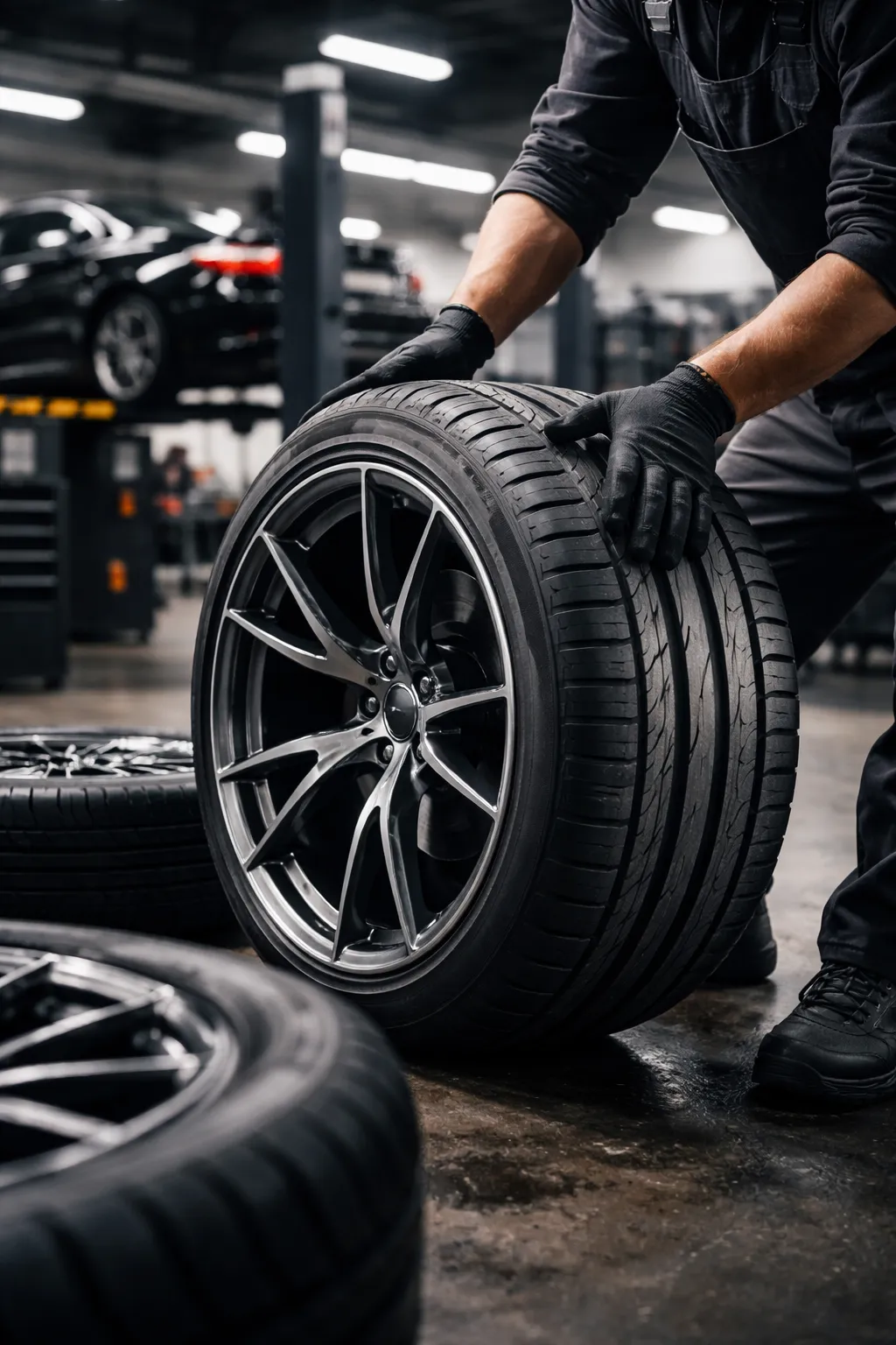 Reifenmontage durch Mechaniker bei Mastercars